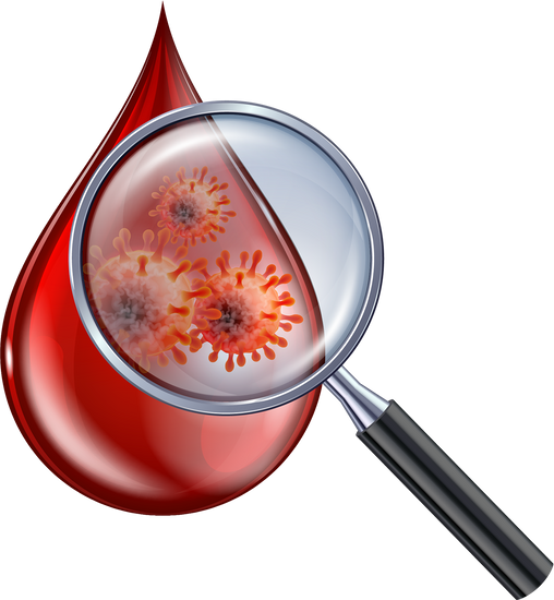 Blood testing concept with blood drop and virus disease cell